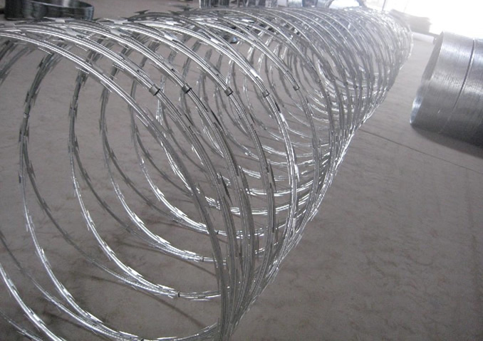 A stretching coil of galvanized concertina wire with clips at regular intervals.